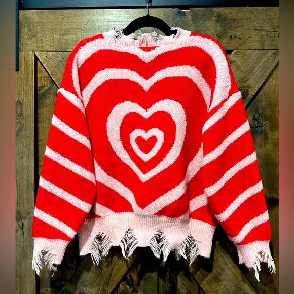 NWOT Miss Sparkling Pink & Red Frayed Heart Sweater Sz L - Picture 10 of 13